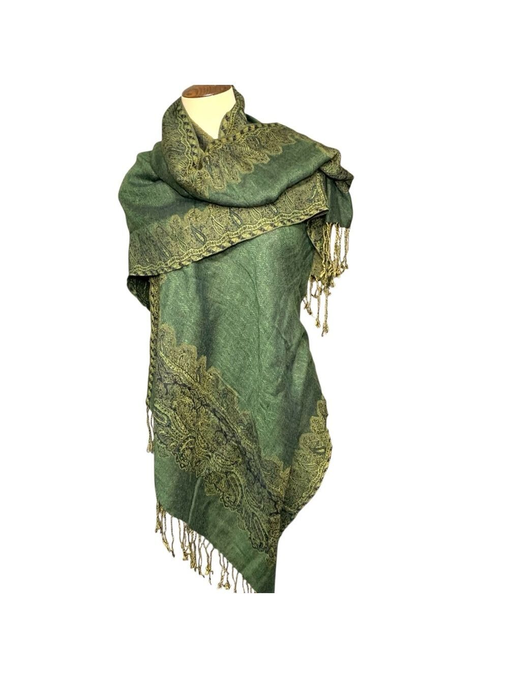 Pashmina Silk Scarf Wrap Wool Green Tan Paisley Rectangle Fringe Shawl 27"X72"